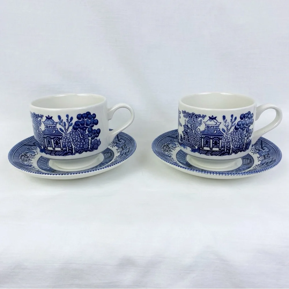 Vintage Churchill Blue Willow Teacup & Saucer Set of 2 England